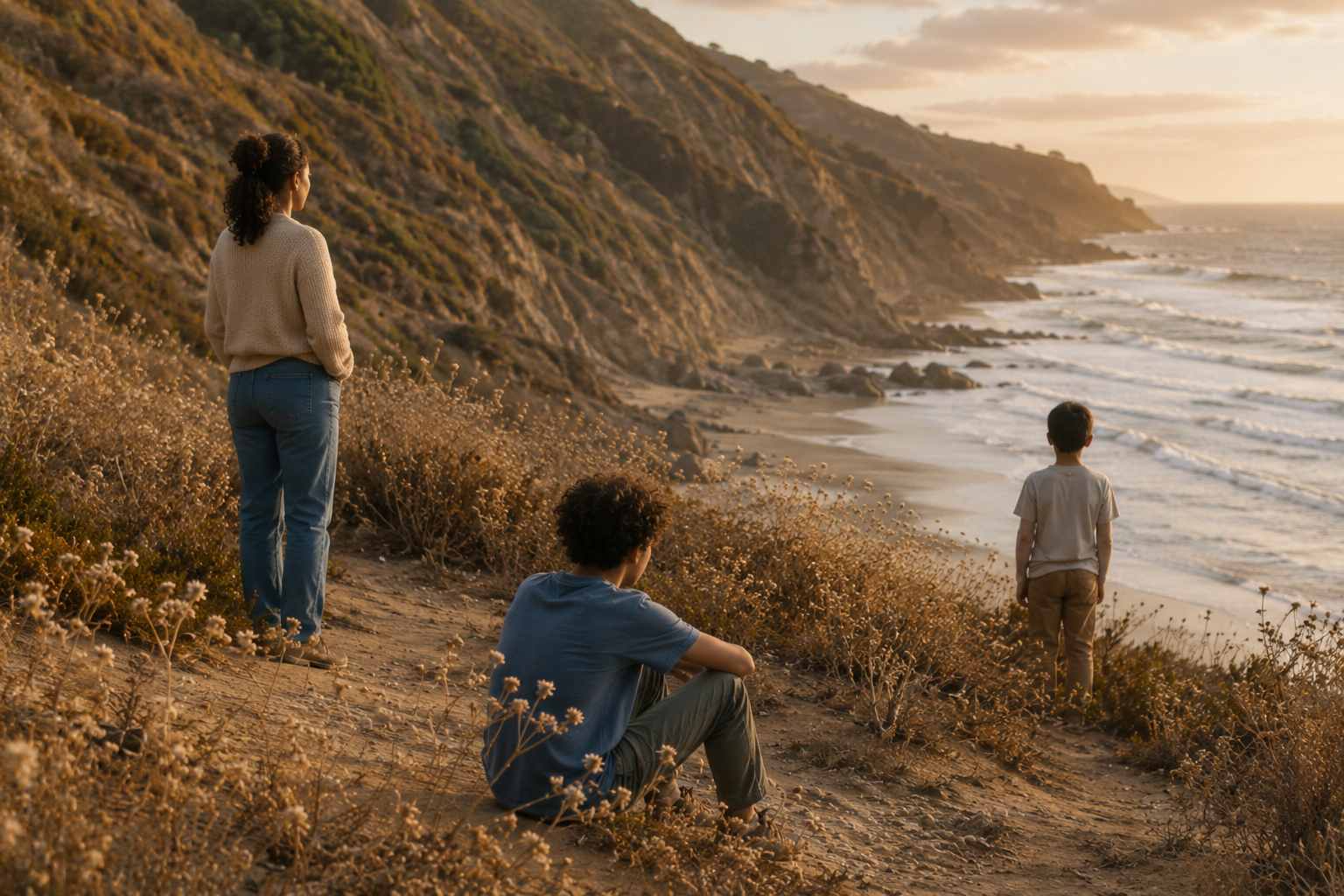 Three family members standing apart on a golden coastal hillside, looking out over the water