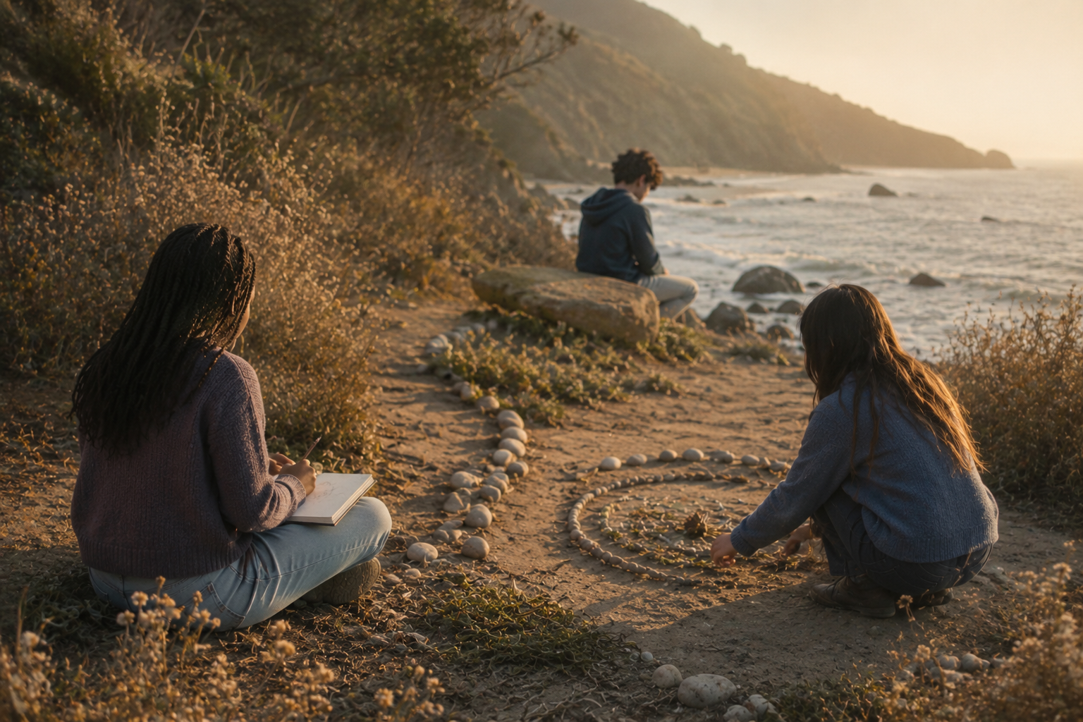 Three people on a coastal hillside at golden hour, arranging stones in a circle together