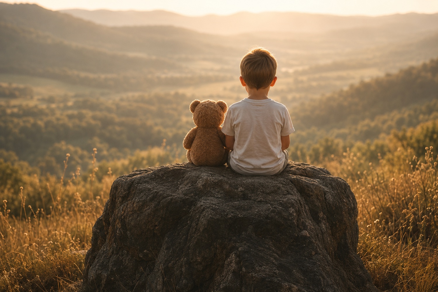 A child sitting with a teddy bear, looking out over an open landscape