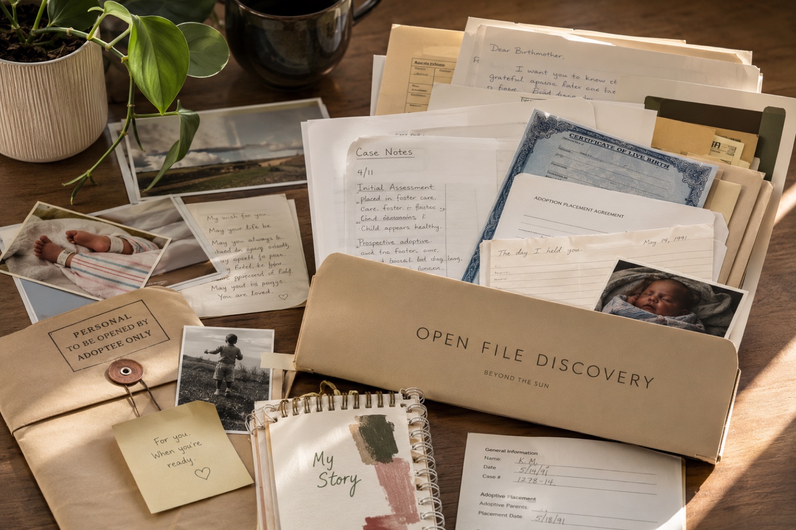 An opened adoption file spread across a wooden desk &mdash; case notes, photographs, letters, and a journal titled My Story